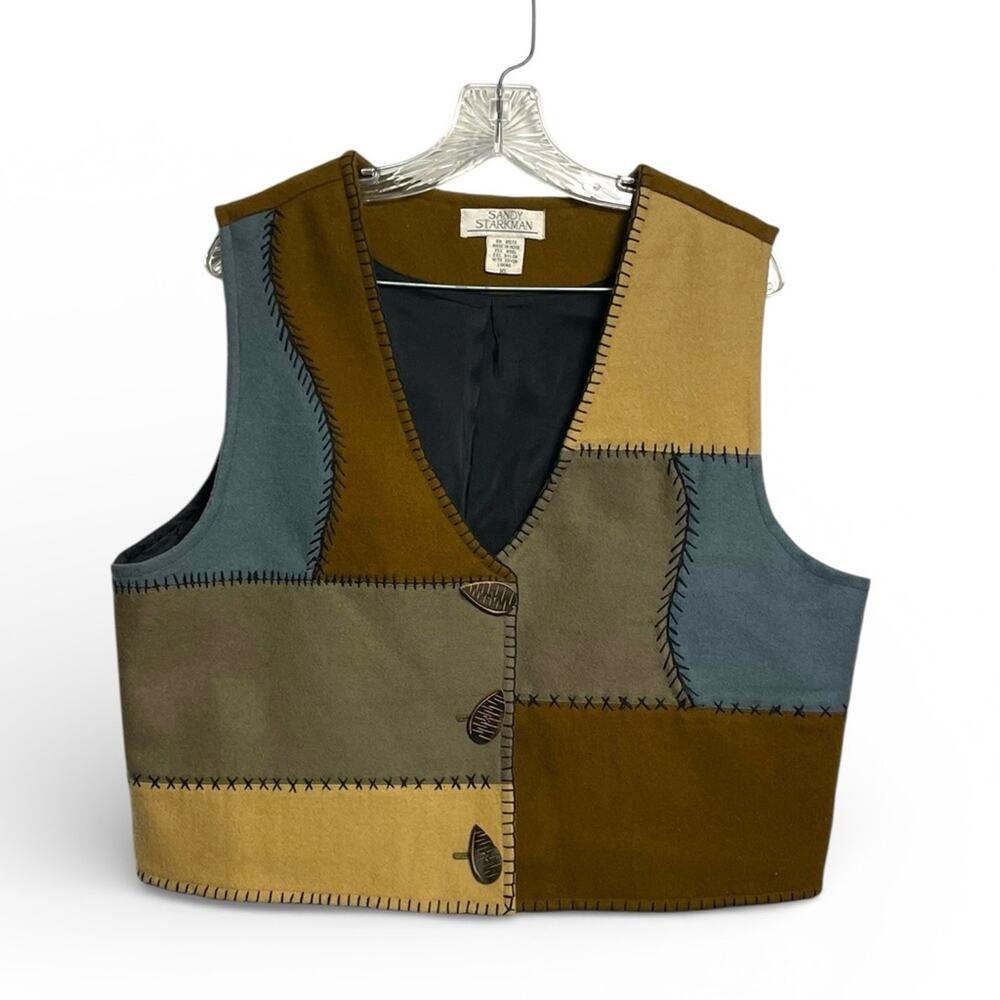 Sandy Starkman wool Patchwork Vest with carved Button Details wearable art XL